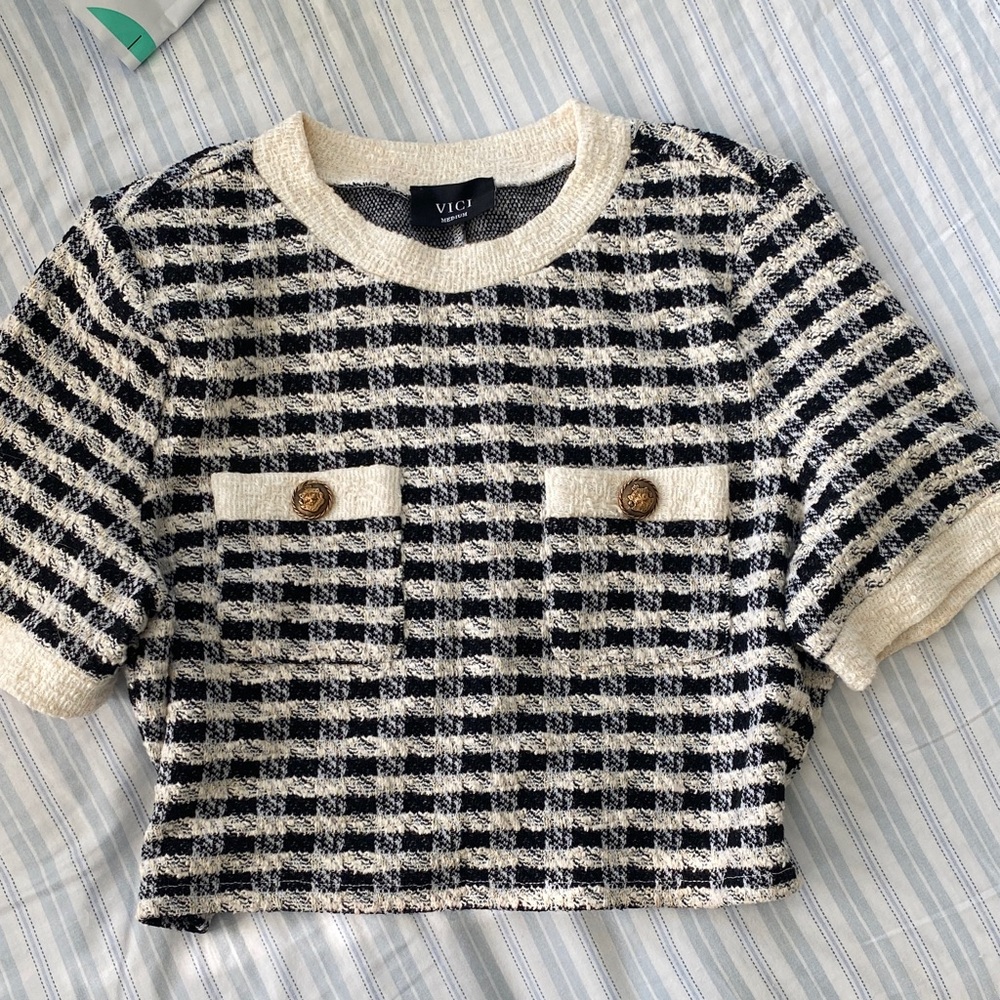 Vici Black & Cream Tweed Short Sleeve Top